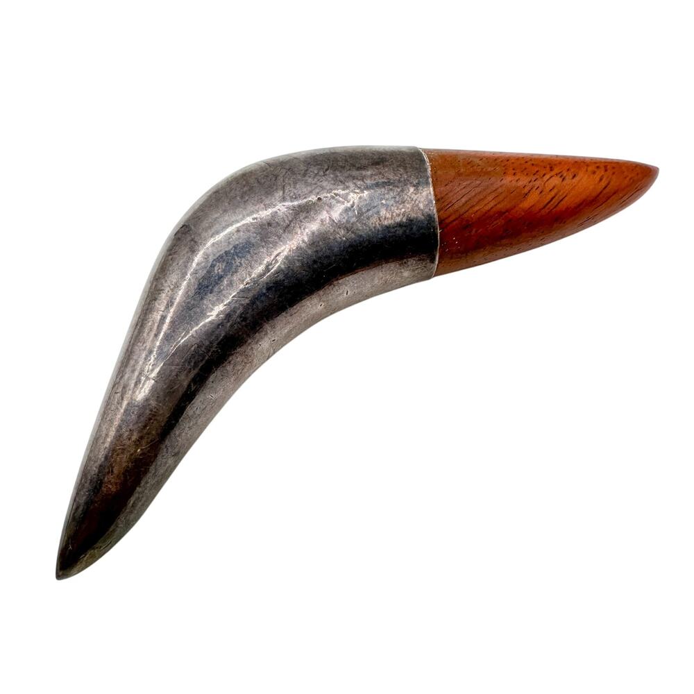 Modernist Boomerang Brooch Large Sterling Silver Teak? Dramatic Marked 925